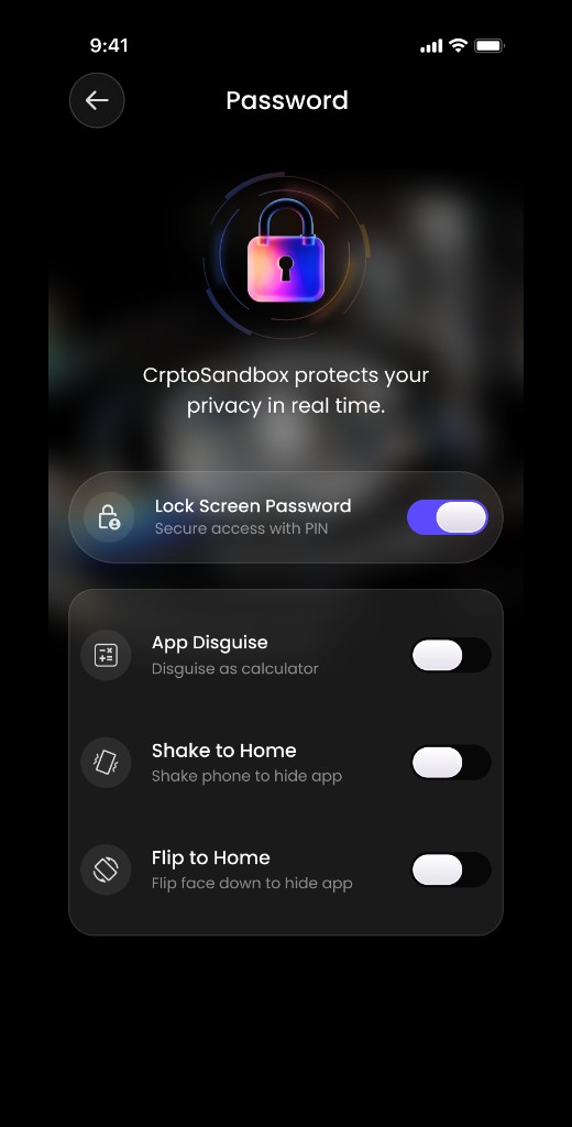 Stealth settings with padlock icon and gesture options