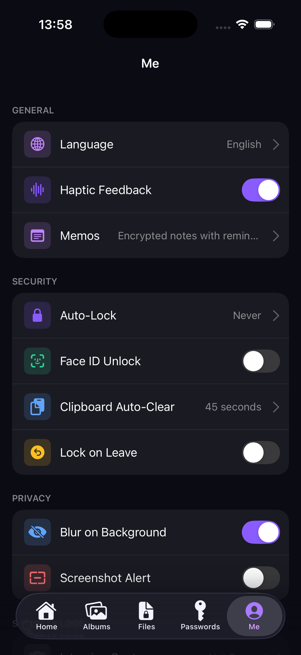 CryptoBox privacy and security settings